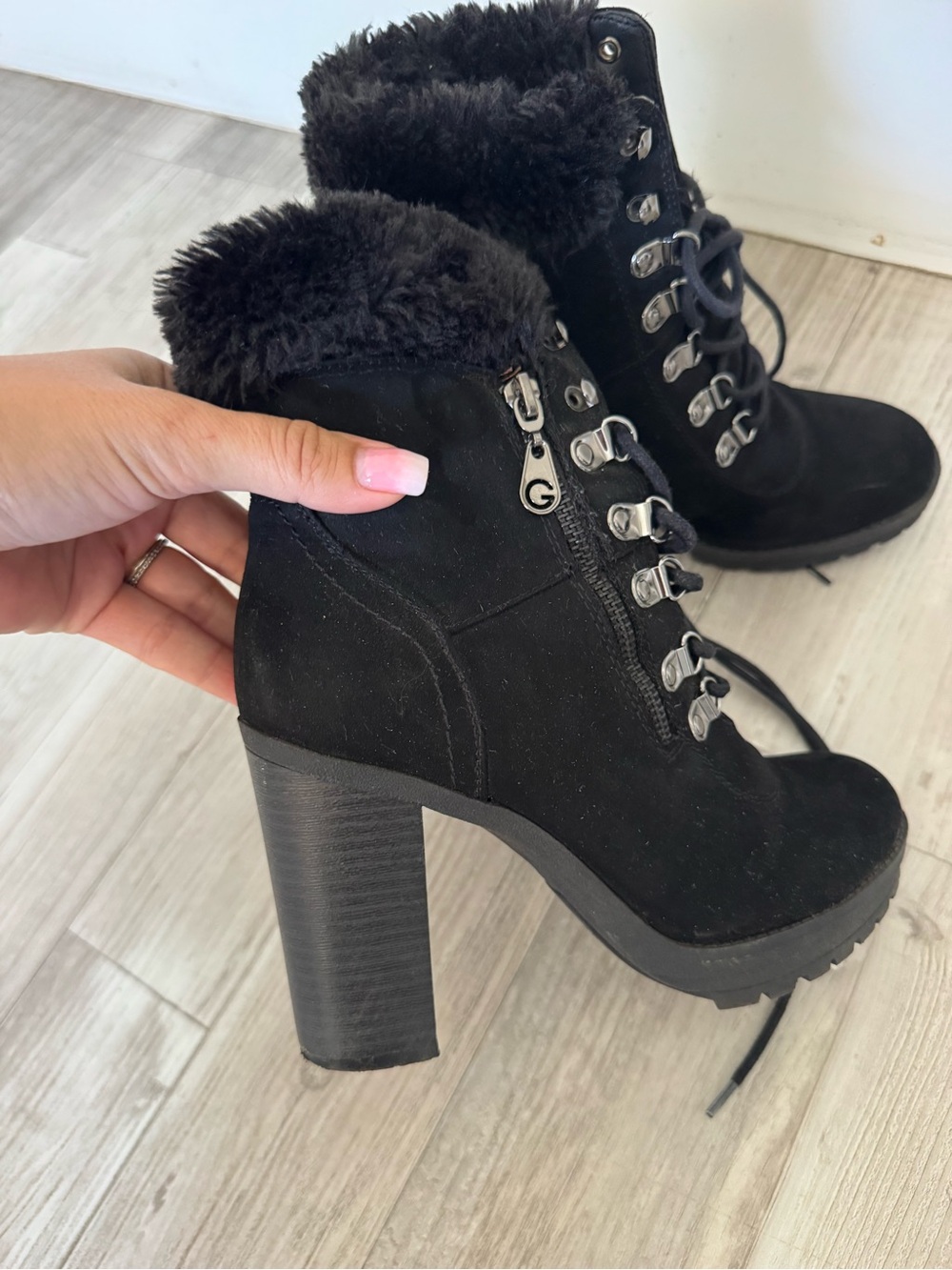 G by Guess Black Faux Fur Lace-Up Block Heel Ankle Boots